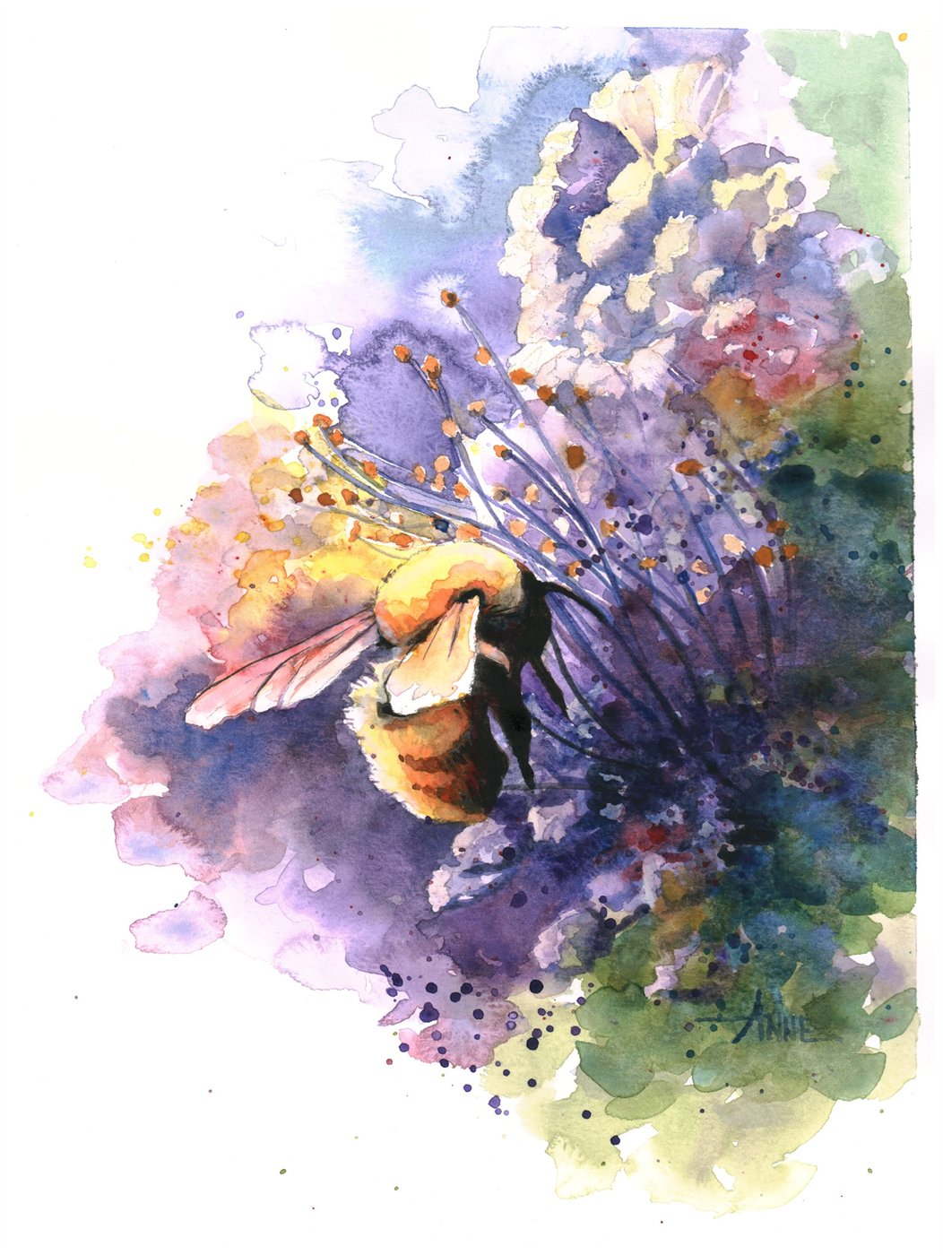 Loose watercolor of a bumblebee deep in violet lilac, pigment pooling freely