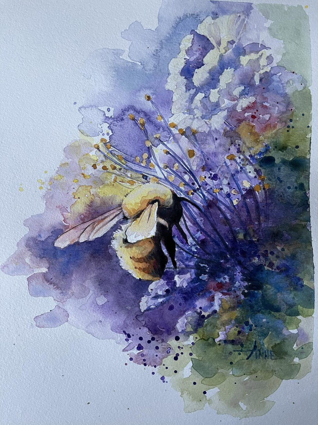 Loose watercolor of a bumblebee deep in violet lilac, pigment pooling freely