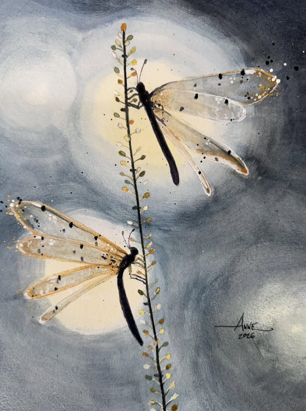 Watercolor of two dragonflies on a seed stem against glowing moonlit grey