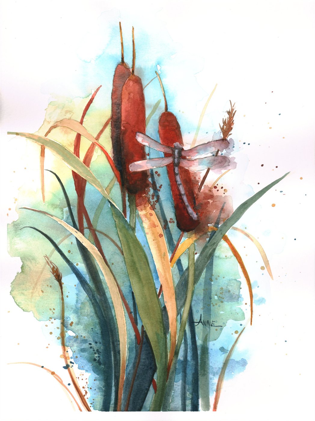 Watercolor of a dragonfly among brown cattail reeds and blue-green leaves