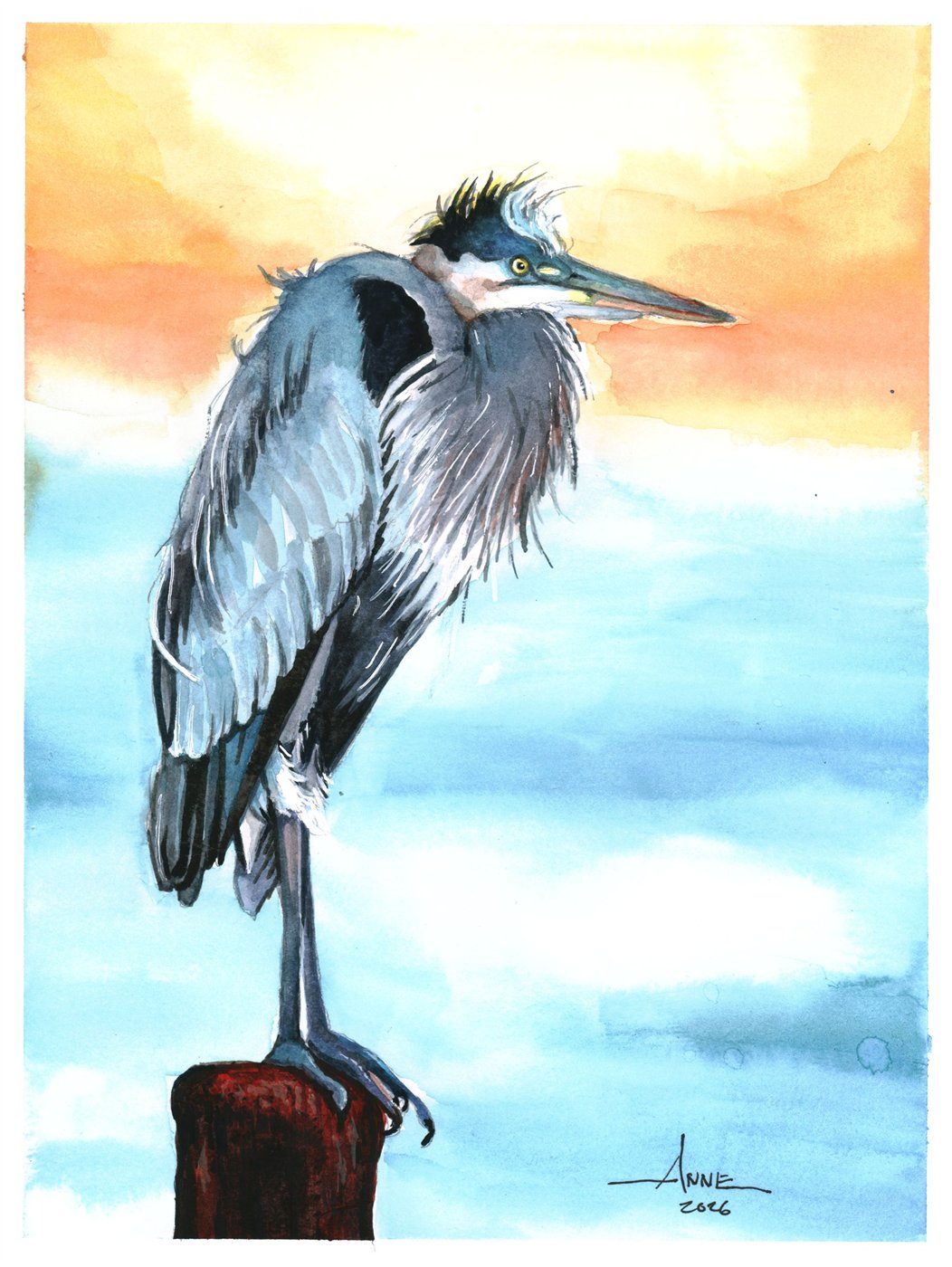 Watercolor of a windblown great blue heron perched on a red piling at sunset