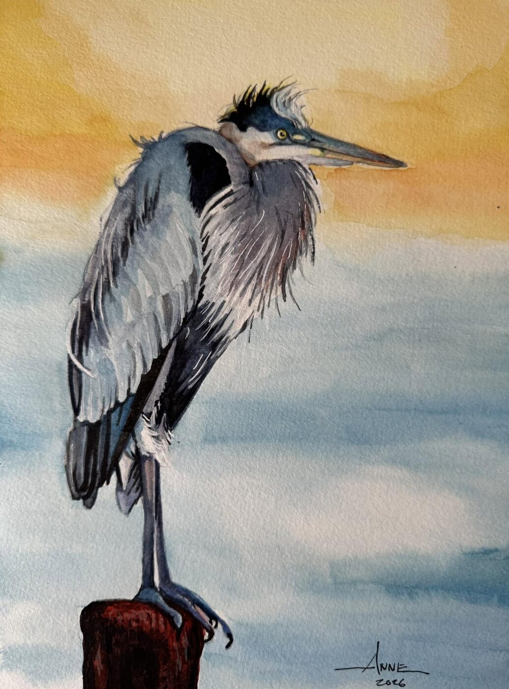 Watercolor of a windblown great blue heron perched on a red piling at sunset