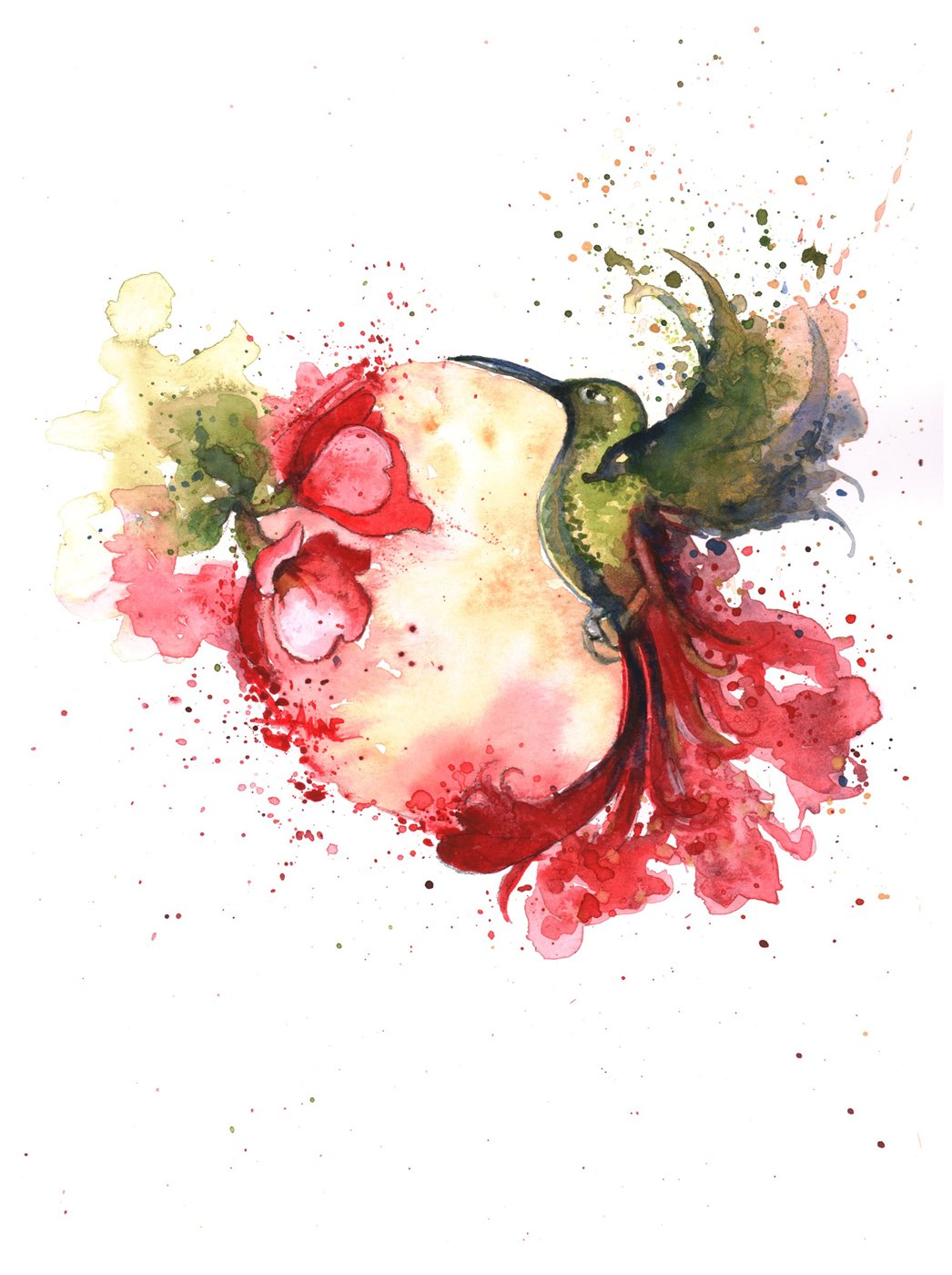 Watercolor of a green hummingbird feeding at red blossoms, pigment splashing outward