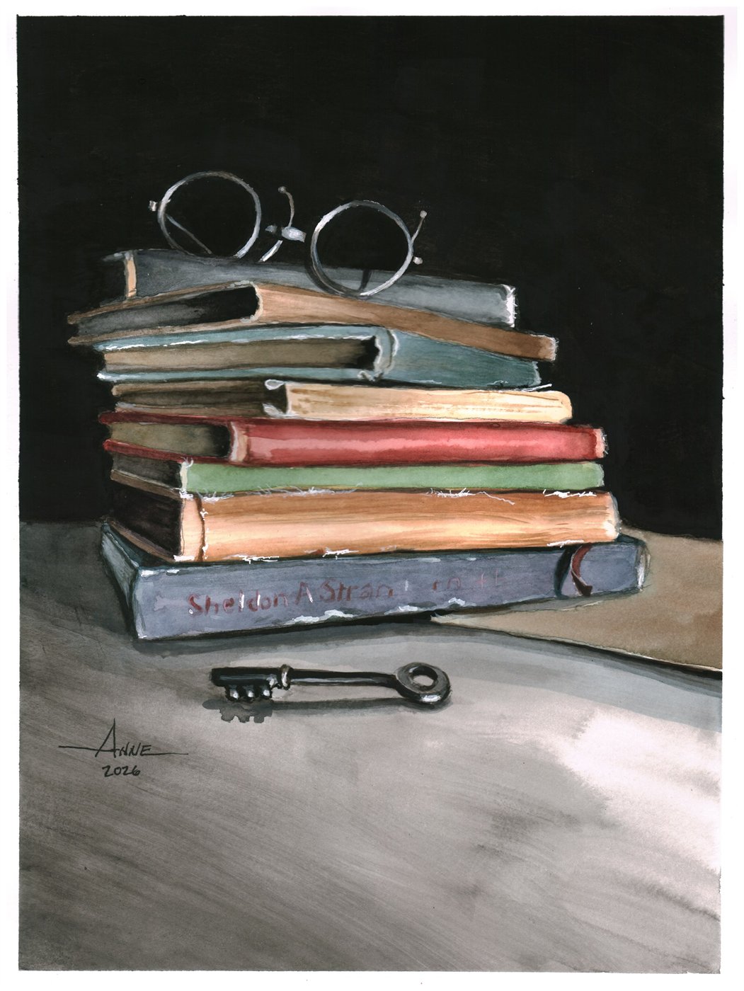 Watercolor still life of a stack of worn books with round spectacles on top and an old key in front, on a dark ground