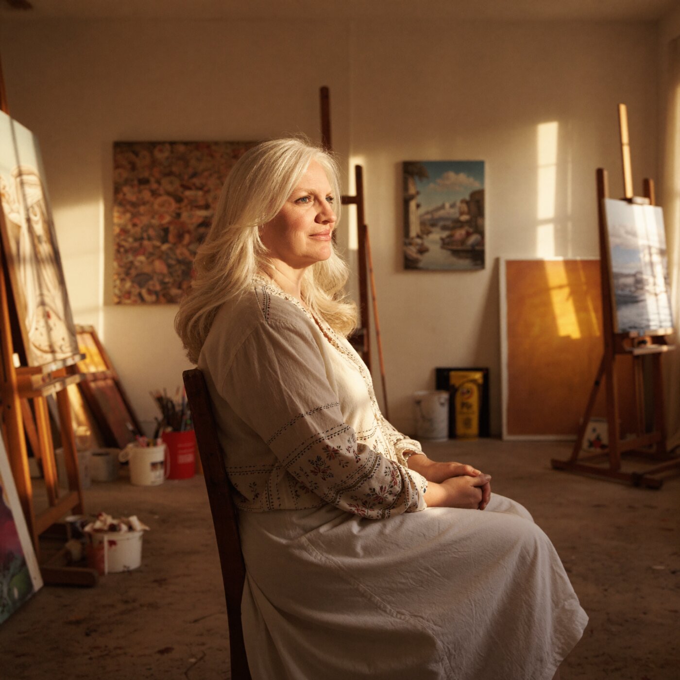 Anne Derrick seated in her studio in late-afternoon light, surrounded by easels and paintings