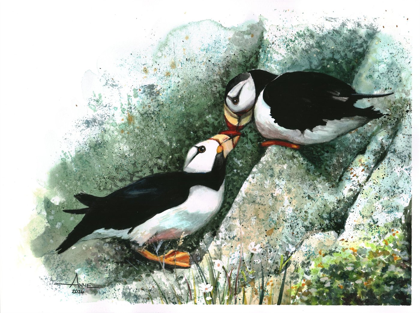Watercolor of two horned puffins touching beaks on a mossy green cliff