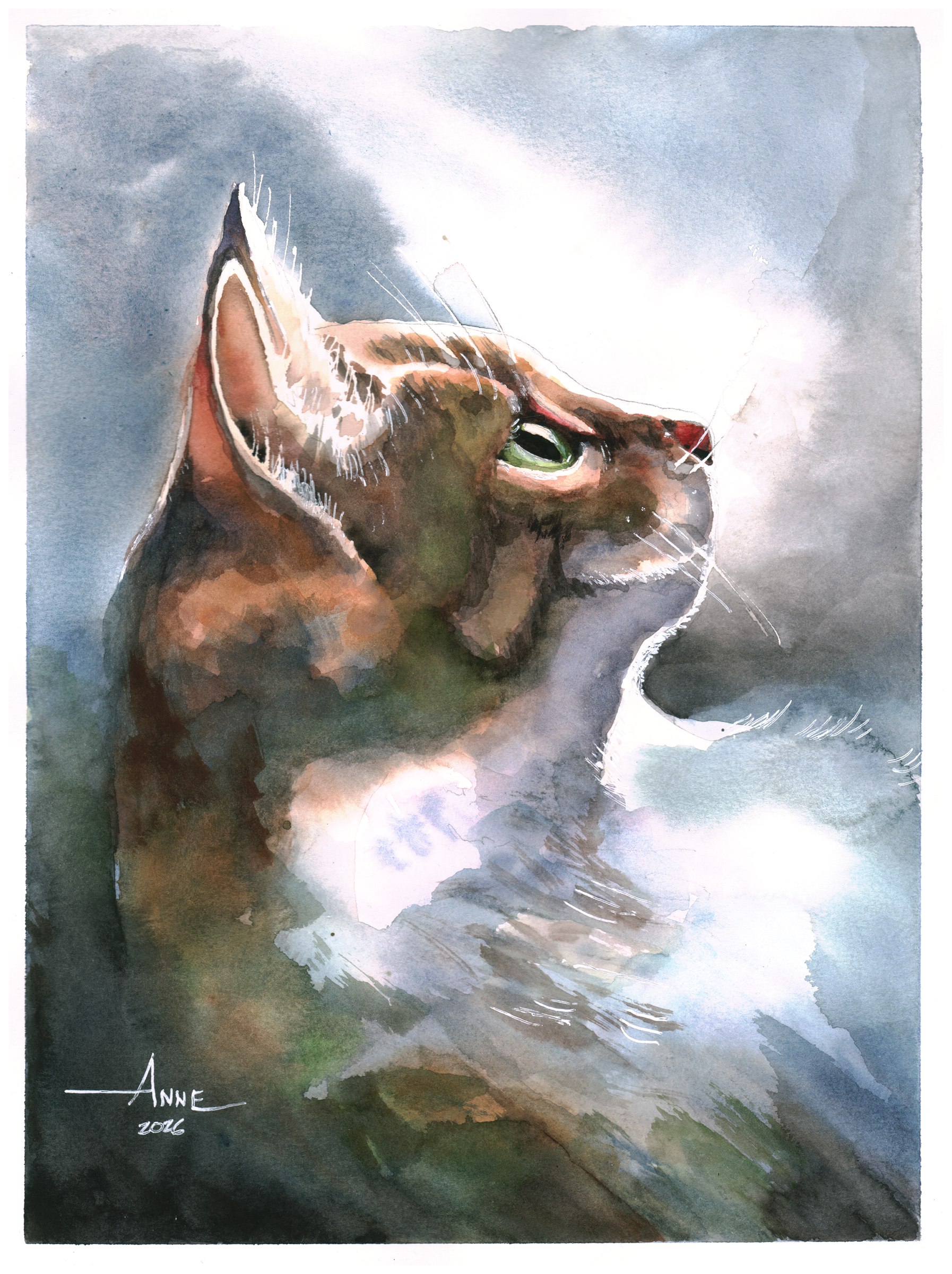 Watercolor of a tabby cat in profile, looking up