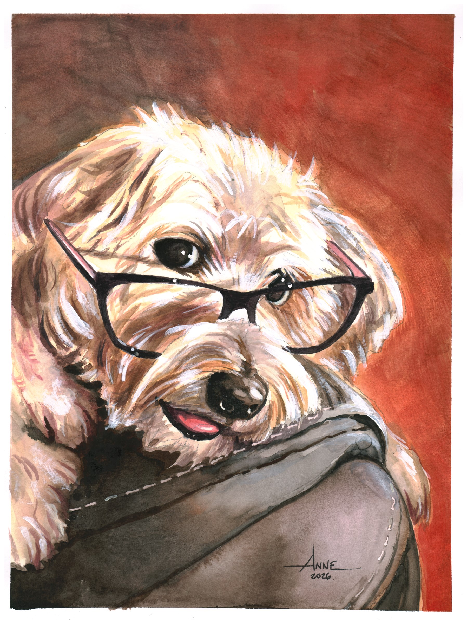 Watercolor of a fluffy dog wearing glasses, on a red ground