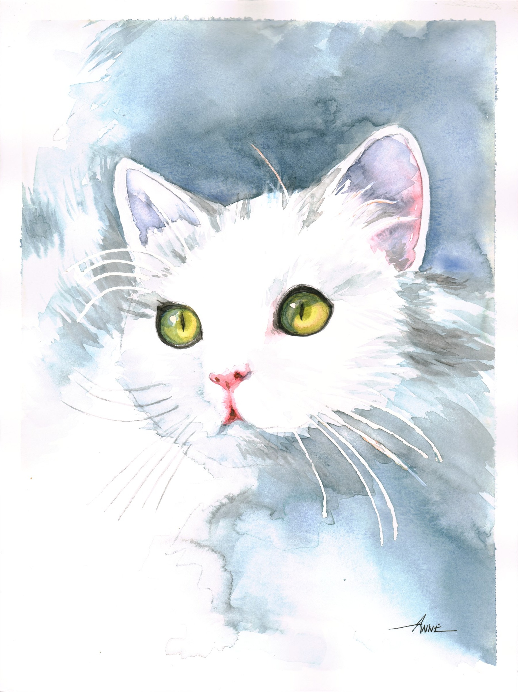 Watercolor of a white cat with yellow-green eyes